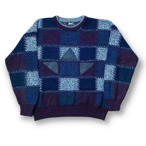 Vintage Impact Blue Graphic Knit Pullover Crewneck Sweater Leather Accents